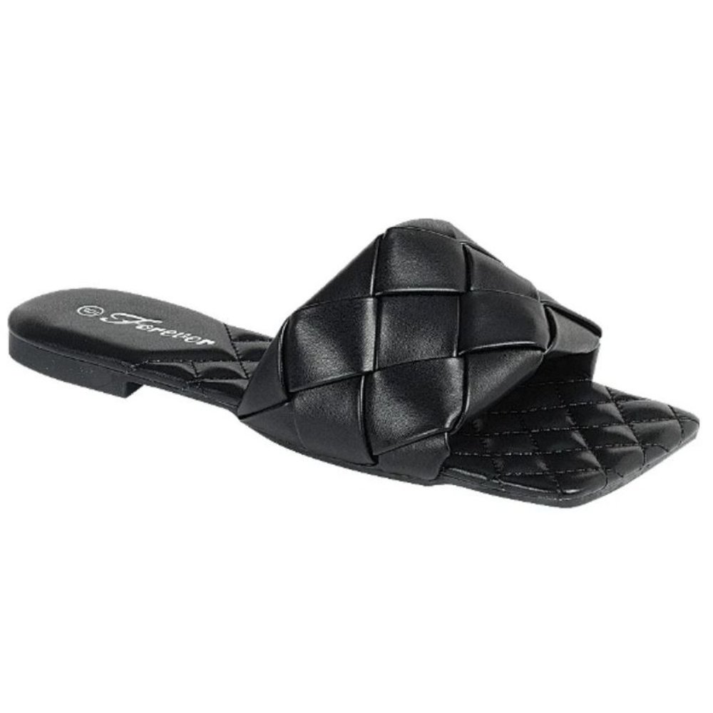 New Black Wide Band Woven Square Toe Slides Sandal
